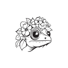 Cute Frog with Floral Crown – Black and White Line Art Illustration