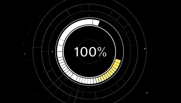 A digital progress display against a black background. A circular meter with the completed percentage and radial gridlines - Powered by Adobe