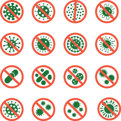 Antimicrobial Icons Vector Illustration Featuring Bacteria and Virus Symbols with Prohibition Signs for Hygiene, Health Safety, and Germ Protection Concepts
