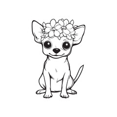 Cute Chihuahua with Floral Crown – Black and White Line Art Illustration