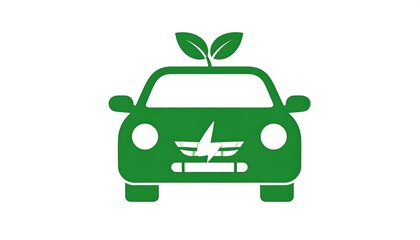 A green vehicle icon with leafy sprouts atop, depicting a sustainable mode of transport. Its front shows a lightning bolt and round headlights