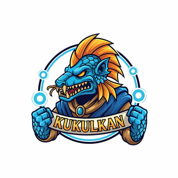 Cartoonish mascot illustration fierce kukulkan dragon with golden mohawk