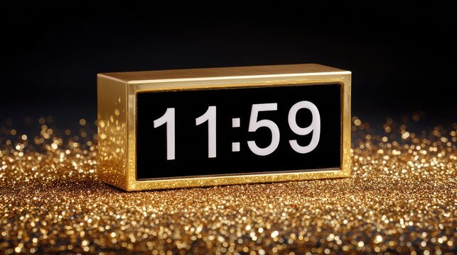 Elegant golden clock showing 11:59 on a glittery golden background, symbolizing the last moments before a significant event or celebration at midnight.