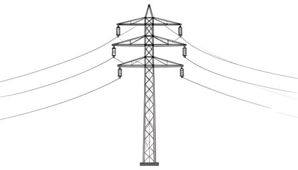 A monochrome illustration of a tall electrical tower, with attached power lines, extending across a white backdrop. The structure is metallic