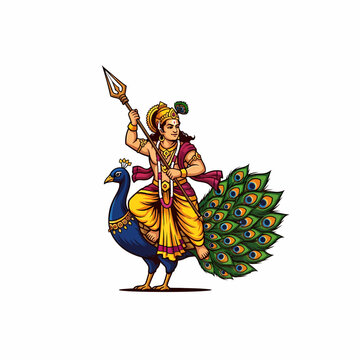 Illustration of hindu god Murugan riding a peacock holding spear