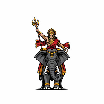 Illustration of Indra god riding elephant Airavata holding Vajra weapon