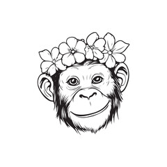 Cute Chimpanzee Face with Flower Crown &ndash; Black and White Line Art Illustration