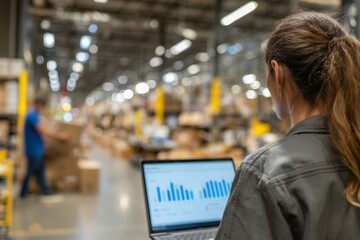 Rear view of female supply chain manager analyzing data on her laptop in warehouse, concept for inventory management, logistics planning and warehouse automation