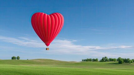 Fototapeta premium Heart-Shaped Red Hot Air Balloon Floating in a Clear Blue Sky Over a Picturesque Green Landscape with Lush Fields and Gentle Rolling Hills