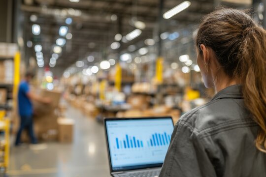 Rear view of female supply chain manager analyzing data on her laptop in warehouse, concept for inventory management, logistics planning and warehouse automation - Powered by Adobe