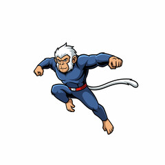 Fototapeta premium Cartoon character blue monkey superhero landing hero action pose jump