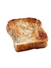 Golden slice of toast, showing browning, slight corner eaten off