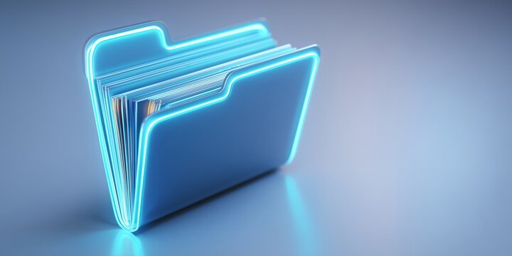 Futuristic blue folder with neon edges and papers inside on a bright gradient background, concept for data management, digital archive and information technology