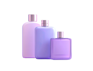 Three pastel purple perfume bottles of varying sizes