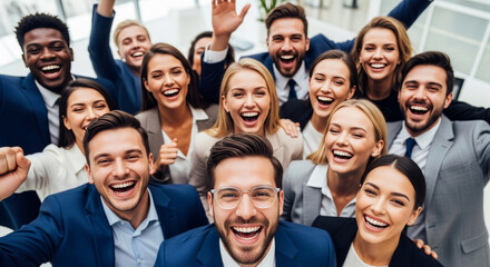 A diverse and multiracial business team cheers in a bright office, wearing suits and formal wear, conveying joy, celebration, and unity in their shared success.