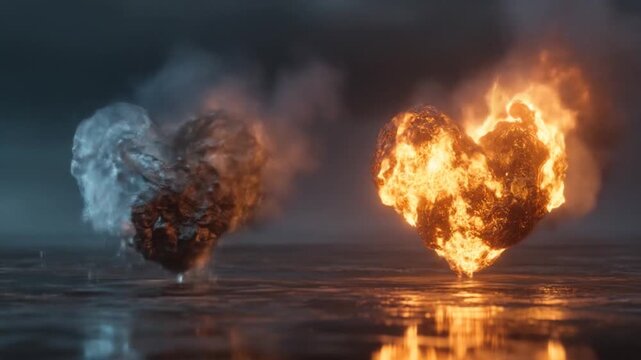 Burning hearts flames abstract symbol of love and passion in dark environment