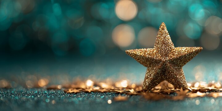 Glittering golden star standing amidst scattered confetti against a teal bokeh backdrop, concept for holiday celebrations, seasonal promotions and decorative design