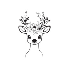 Cute Floral Antler Deer &ndash; Hand-Drawn Baby Deer Line Art Illustration