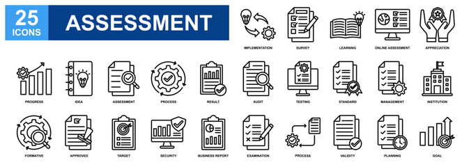 Assessment icon set collection. Containing design Implementation, Online Assessment, Approved, Learning, Examination