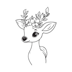 Cute Baby Deer with Floral Crown &ndash; Hand-Drawn Line Art Illustration