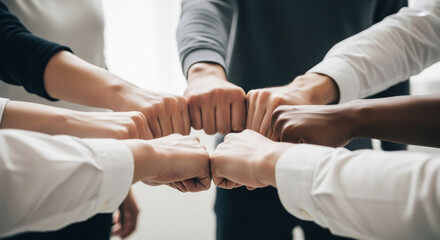 A close up of diverse team fists bumping, symbolizing unity and collaboration for success and achievement. The scene is set indoors with bright lighting and white shirt sleeves.