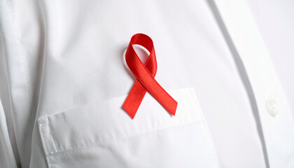 Show your support with a red ribbon pinned on a crisp white shirt, symbolizing solidarity and awareness for important causes like HIV and AIDS