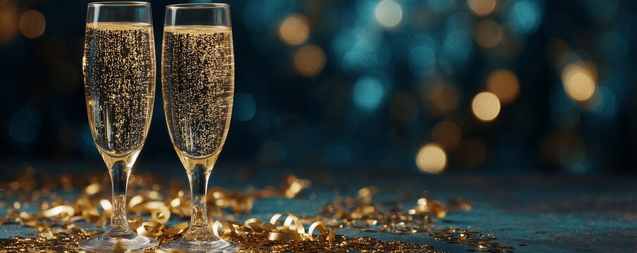 Two champagne flutes filled with bubbly liquid and golden confetti on a blue surface, concept for New Year's celebration, festive event and anniversary toast
