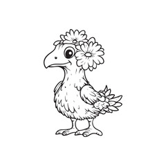 Cute Cartoon Bird with Floral Crown – Hand-Drawn Line Art Illustration