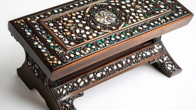 Antique wooden Quran stand (Rihal), dark polished wood inlaid with mother-of-pearl that shimmers with shifting, otherworldly colors, soft diffused light