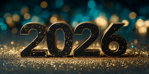 Glittering 2026 New Year's Eve numerals on a sparkly surface against bokeh lights, concept for celebratory backgrounds, holiday cards and party invitations