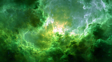 Emerald green celestial clouds with bright yellow core and distant stars nebula space