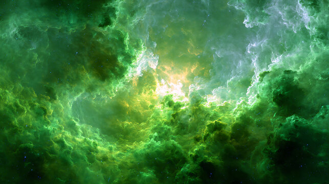 Emerald green celestial clouds with bright yellow core and distant stars nebula space