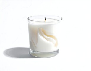 A lit candle in a clear glass container. White wax with a yellow swirl design on the side. Casting a long shadow on a white background