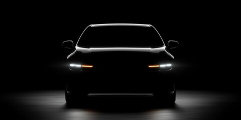 Sleek car silhouette with illuminated headlights against a dark backdrop, concept for automotive design, electric vehicle promotion and futuristic transportation imagery