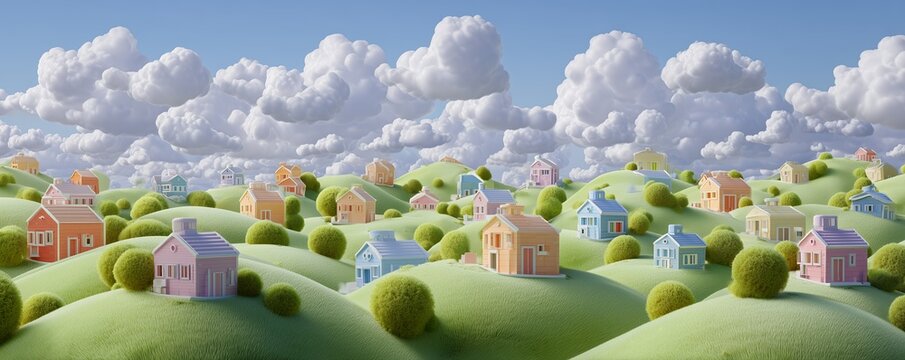 Scenic view of colorful houses on rolling green hills under fluffy clouds, concept for real estate development, suburban planning and residential architecture