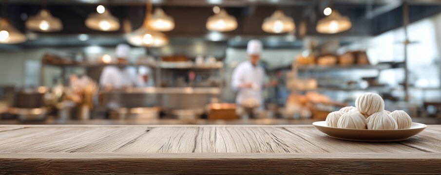 Wooden table with dumplings on plate and blurry professional kitchen background, concept for food photography, restaurant promotion and culinary advertising