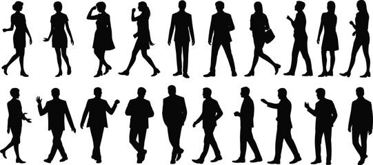 Business people silhouette collection, men and women walking, talking, and posing in professional attire for corporate and office design concepts.