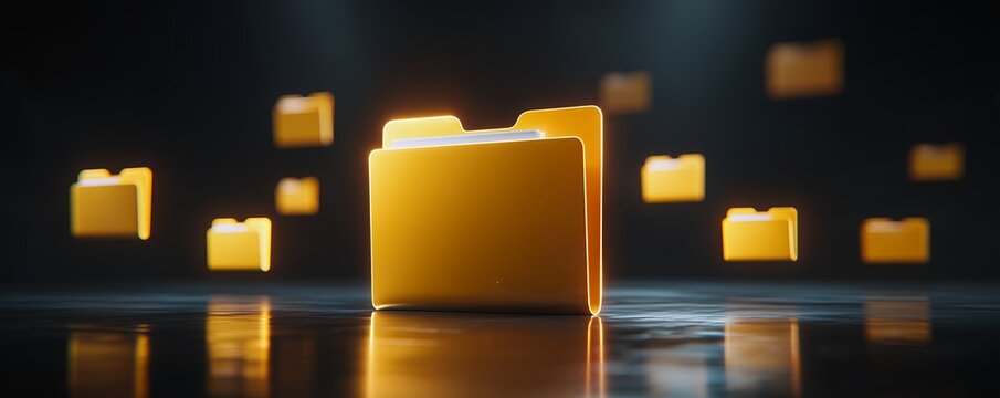 A 3D rendering of a yellow folder with other folders floating in the background, concept for data management, file organization and information technology