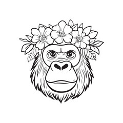 Gorilla with Floral Crown &ndash; Black and White Line Art Illustration