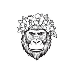 Gorilla Wearing Floral Crown &ndash; Black and White Line Art Illustration