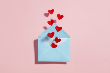 Light blue envelope with flying red paper hearts on pastel pink background, concept for valentine's day, romantic greeting and love confession