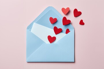 Light blue envelope with white card and red paper hearts on a soft pink backdrop, concept for Valentine's Day greeting, heartfelt message and romantic correspondence