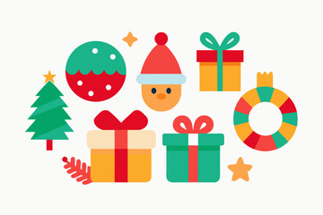 Vibrant vector christmas elements children santa hats gifts tree poinsettia