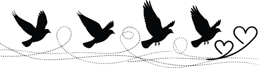 Bird flight vector with heart swirls, black silhouette design, freedom motion graphic, romantic journey symbol, minimal artistic illustration
