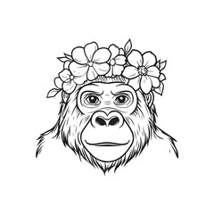 Floral Crown Gorilla &ndash; Detailed Black and White Line Art Illustration