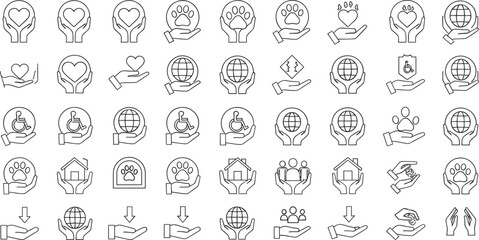Care and support icon set, community help symbols, accessibility vector graphics, pet welfare signs, minimalist line art collection