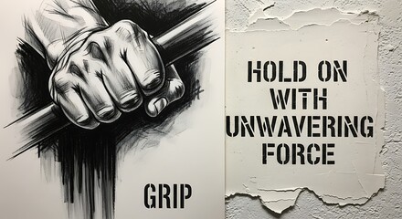 Hand gripping bar with motivational stencil text