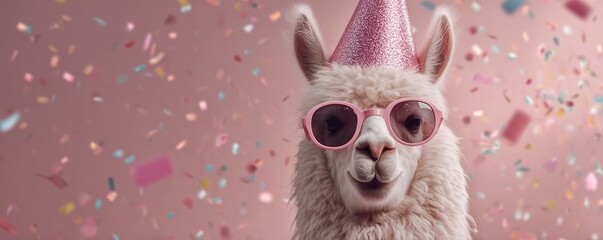 Obraz premium Close-up of a fluffy llama wearing pink sunglasses and a party hat amidst colorful confetti, concept for birthday invitation, festive decoration and children's book illustration