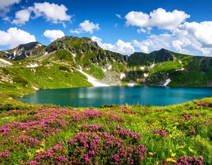 A vibrant mountain lake scene, with lush green slopes, patches of snow, and a sky filled with fluffy clouds