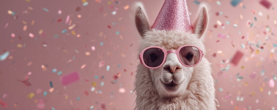 Close-up of a fluffy llama wearing pink sunglasses and a party hat amidst colorful confetti, concept for birthday invitation, festive decoration and children's book illustration